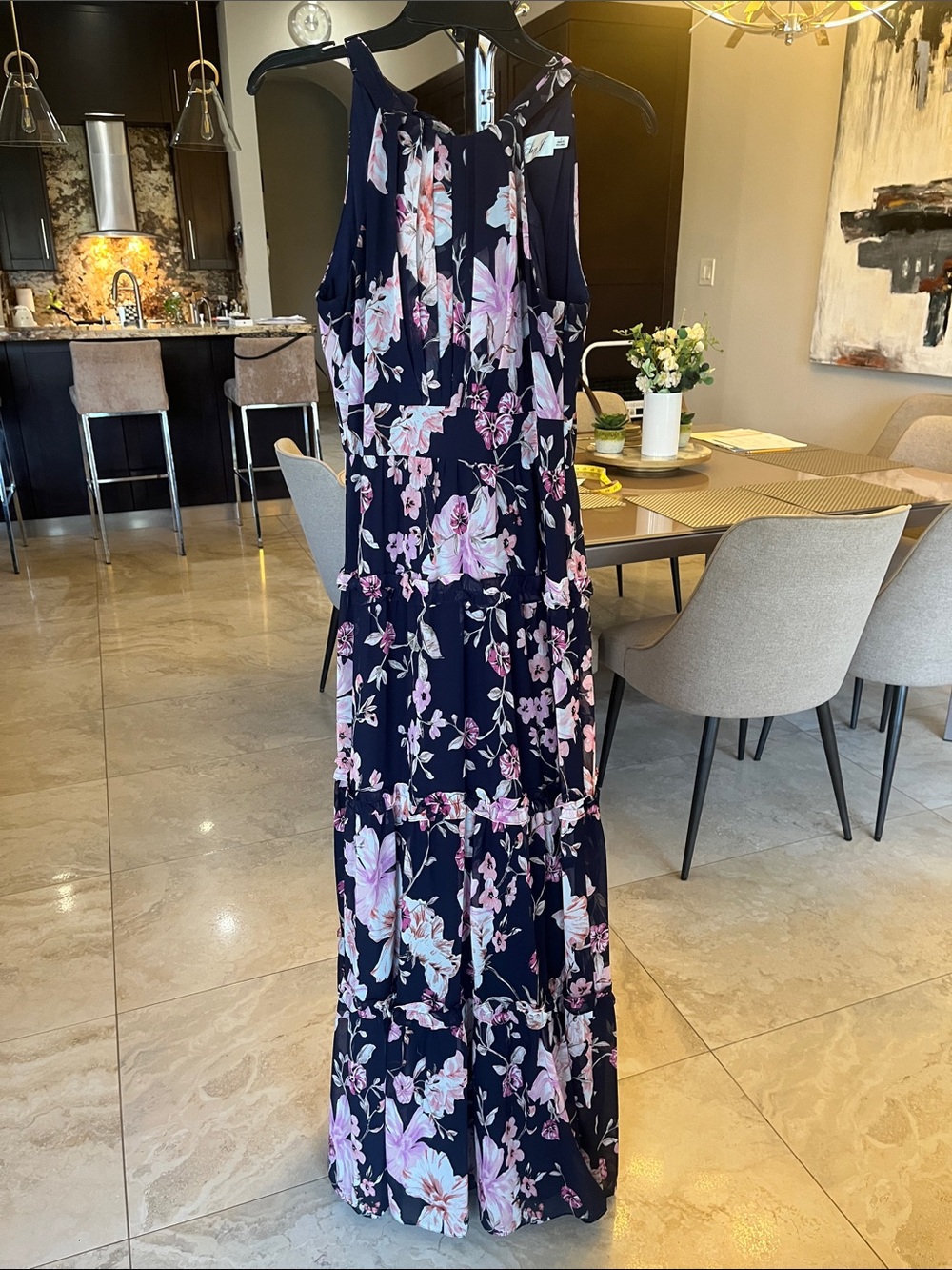 Eliza J Navy Maxi Dress with Pink Floral Print